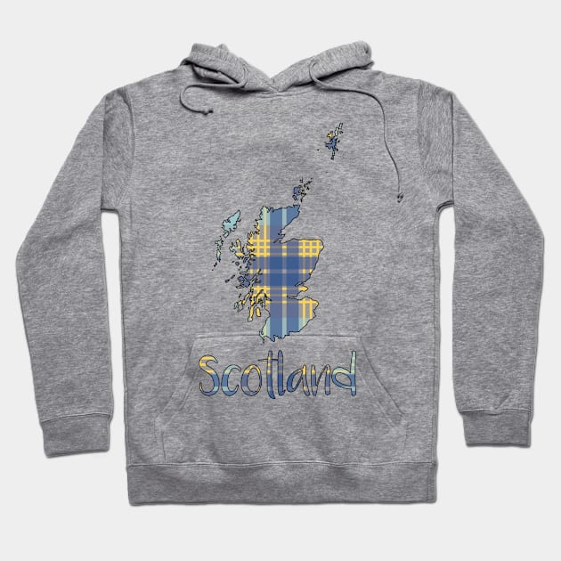 Scotland Blue and Yellow Tartan Map Typography Design Hoodie by MacPean